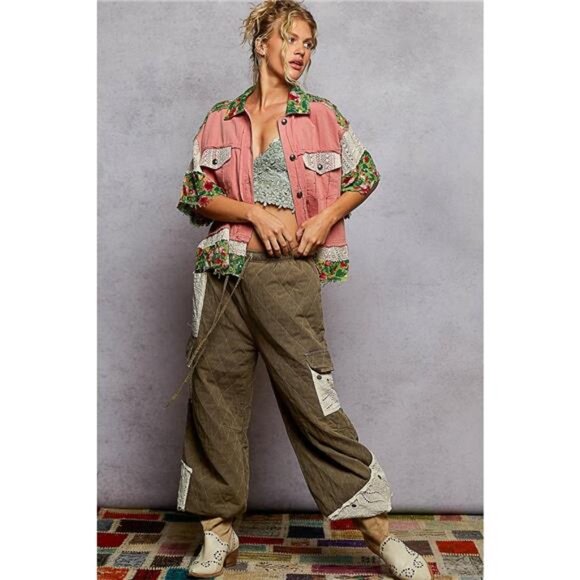 POL Lace Patch Floral Half Sleeve Shacket - Picture 5 of 6